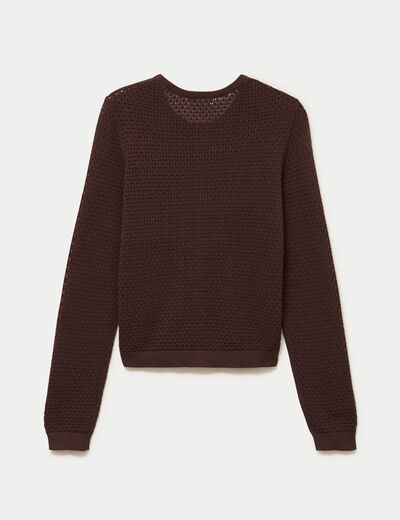 Gilet ajour&eacute; manches longues col rond marron fonc&eacute; femme