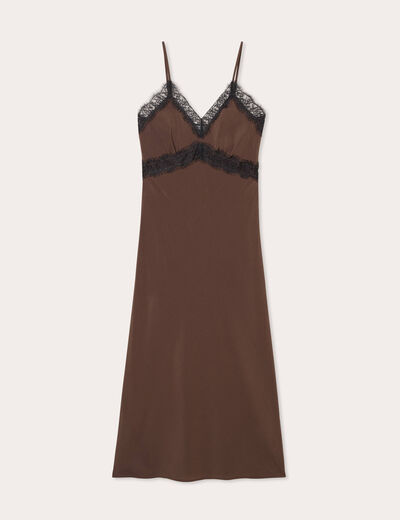 Robe longue ajustée dentelle marron foncé femme