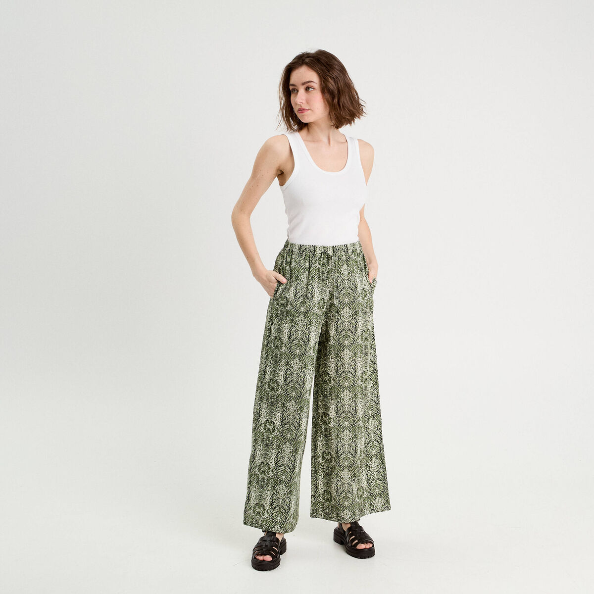 Pantalon large taille haute vert kaki femme