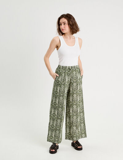Pantalon large taille haute vert kaki femme