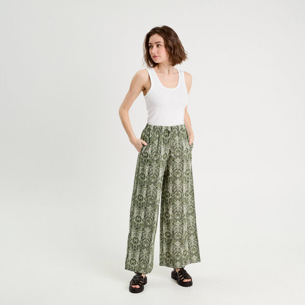 Pantalon large taille haute vert kaki femme