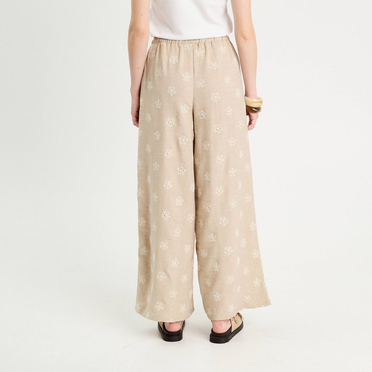 Pantalon large brodé taupe femme