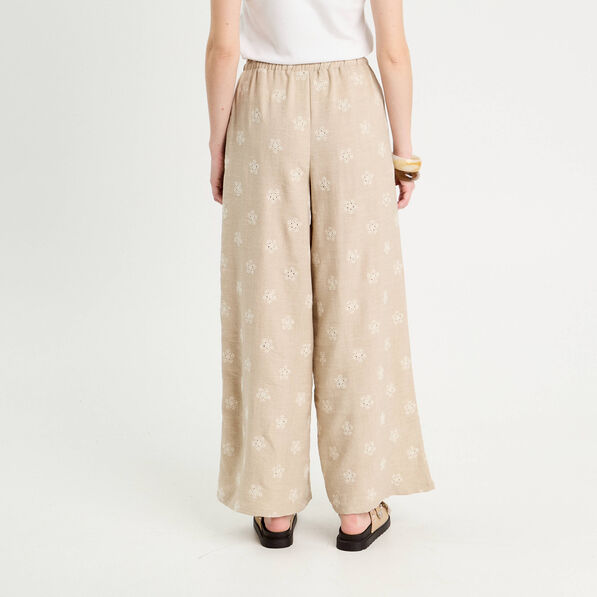 pantalon large brode taupe femme Pantalon large brodé taupe femme