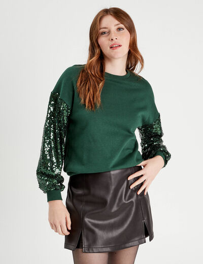 Sweat manches sequins vert foncé femme