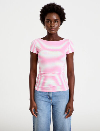 Top ajust&eacute; col bateau manches courtes rose clair femme