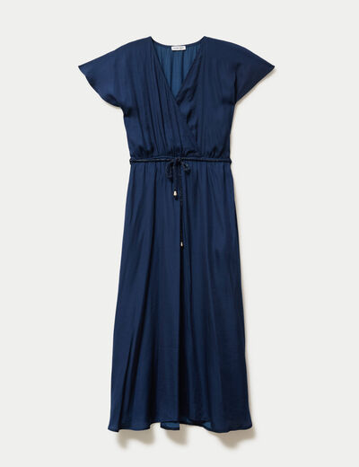 Robe longue &eacute;vas&eacute;e col v satin&eacute;e bleu marine femme