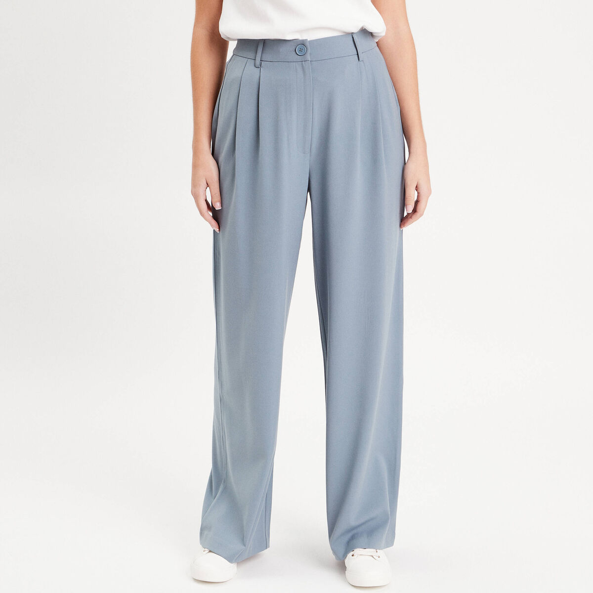 Pantalon large fluide pinces bleu gris femme