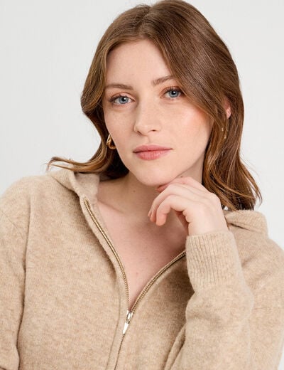 Gilet manches longues capuche beige femme