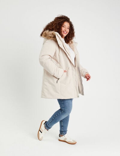 Parka &agrave; capuche fausse fourrure ecru femme