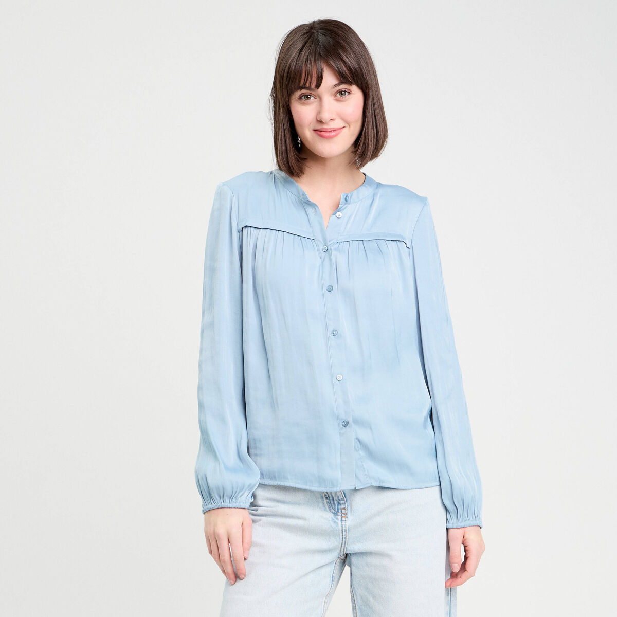 Blouse manches longues satin bleu clair femme