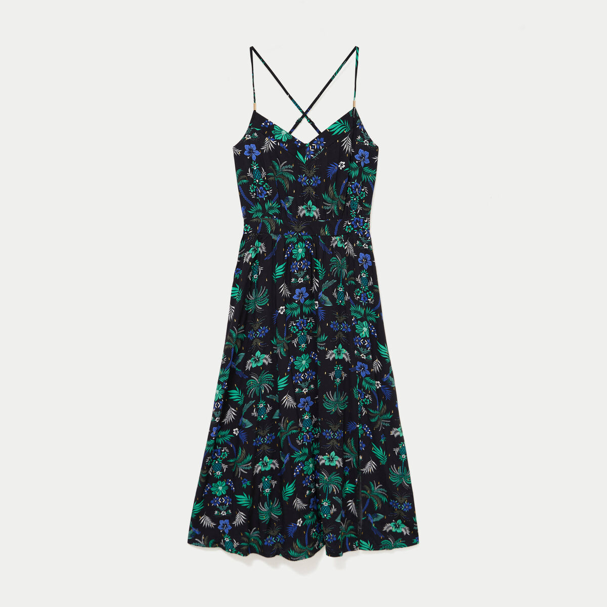 Robe &eacute;vas&eacute;e 3/4 col v bretelles fines noir femme
