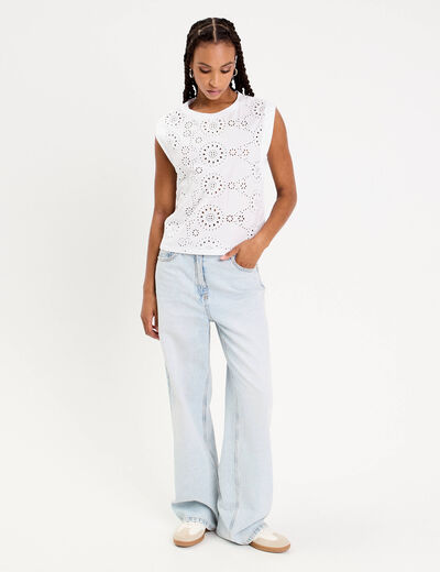 T-shirt sans manches brodé blanc femme