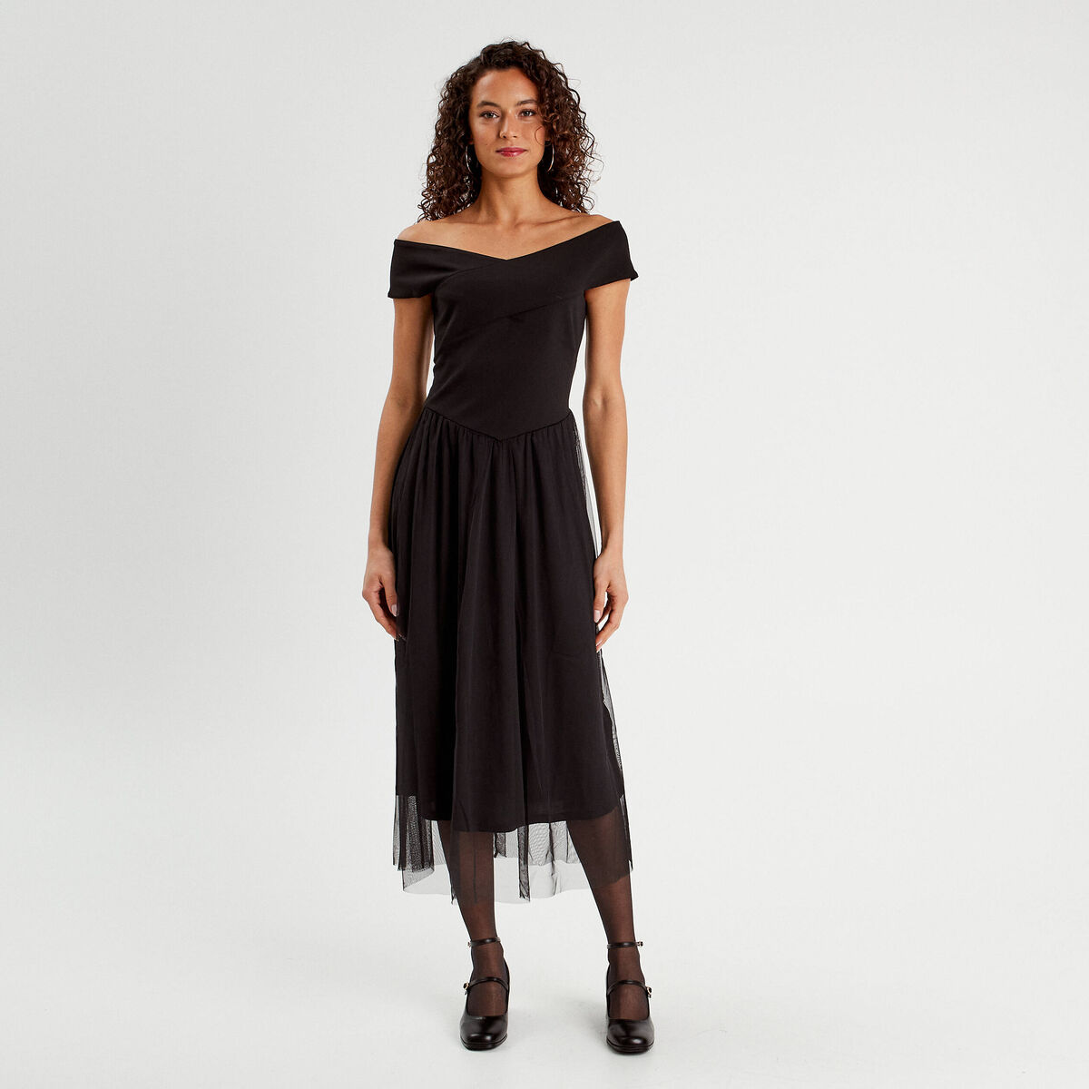 Robe midi bustier évasée noir femme