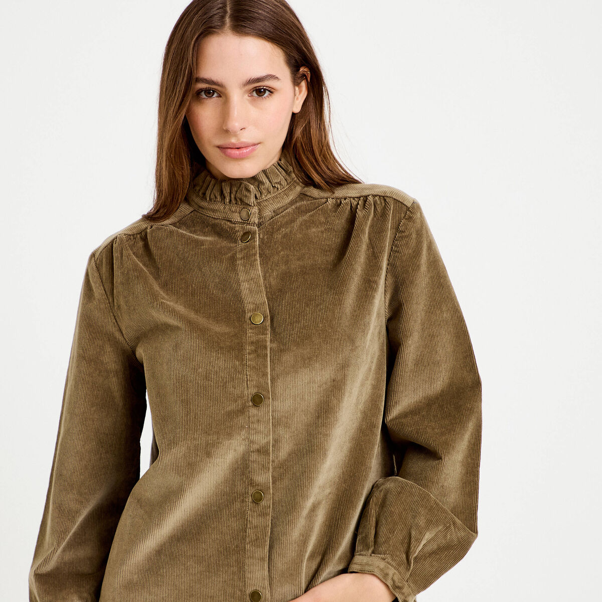 Chemise droite velours col montant vert kaki femme