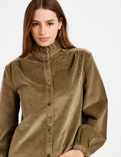 Chemise droite velours col montant vert kaki femme