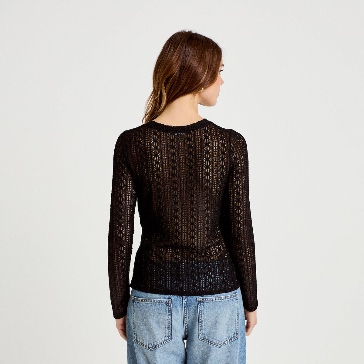 Top droit manches longues dentelle noir femme