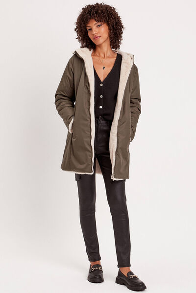 Parka réversible à capuche vert kaki femme