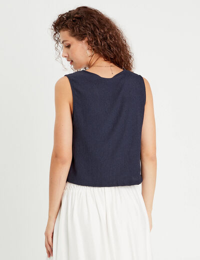 Blouse sans manches brodée bleu marine femme