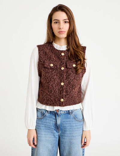 Veste sans manches col rond marron fonc&eacute; femme