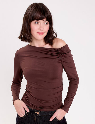 T-shirt ajust&eacute; manches longues marron fonc&eacute; femme