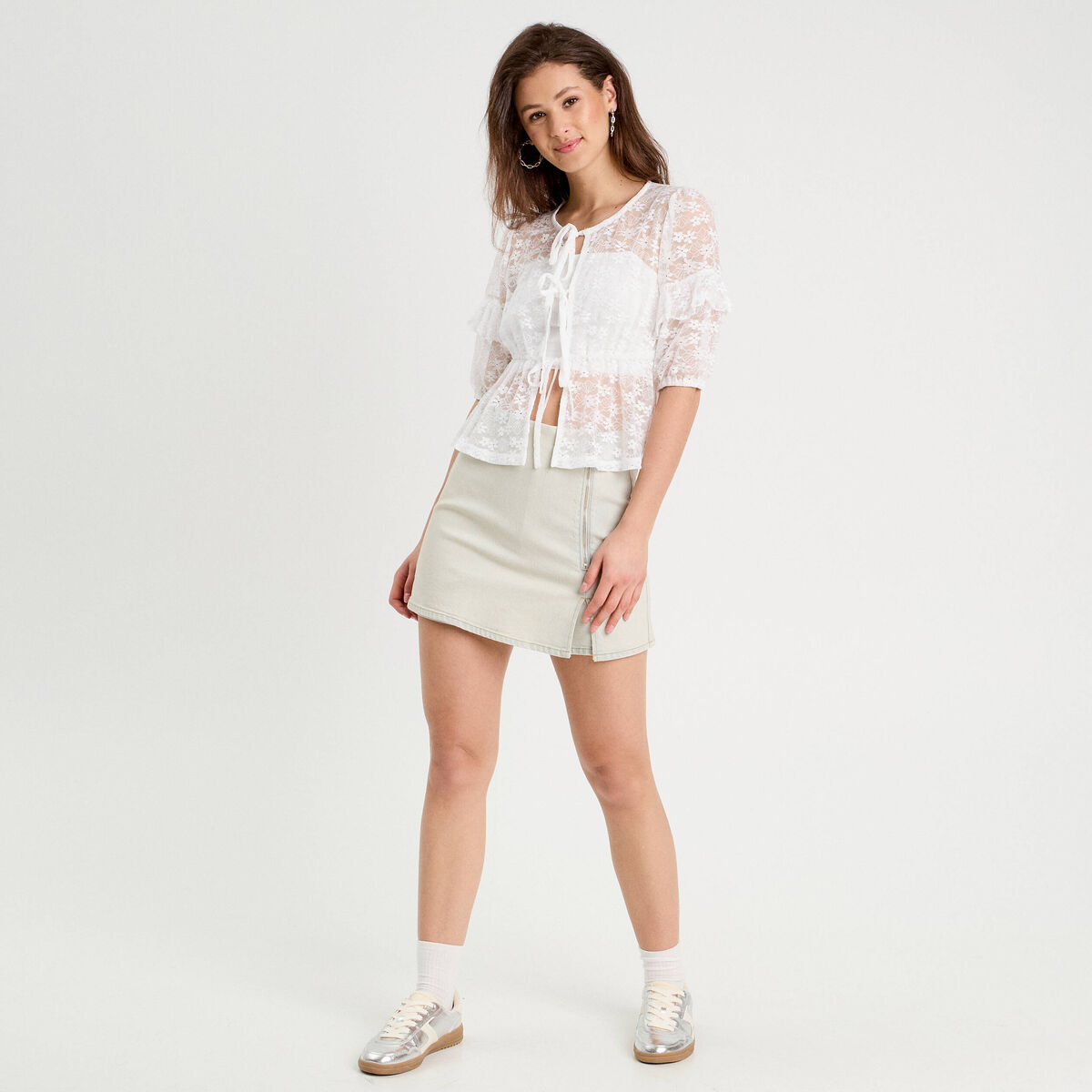 Jupe-short trapèze en jean denim bleach femme