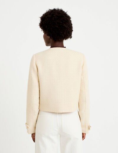 Veste tweed cintr&eacute;e col mao ecru femme