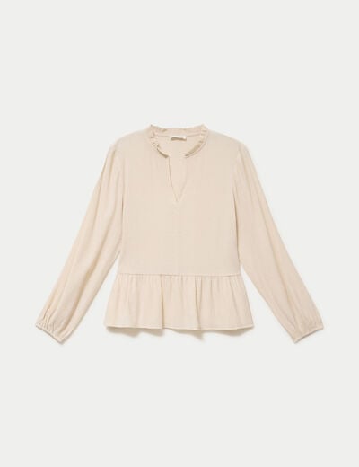 Blouse ample col v manches longues beige femme