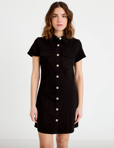 Robe courte trap&egrave;ze en jean col chemise noir femme