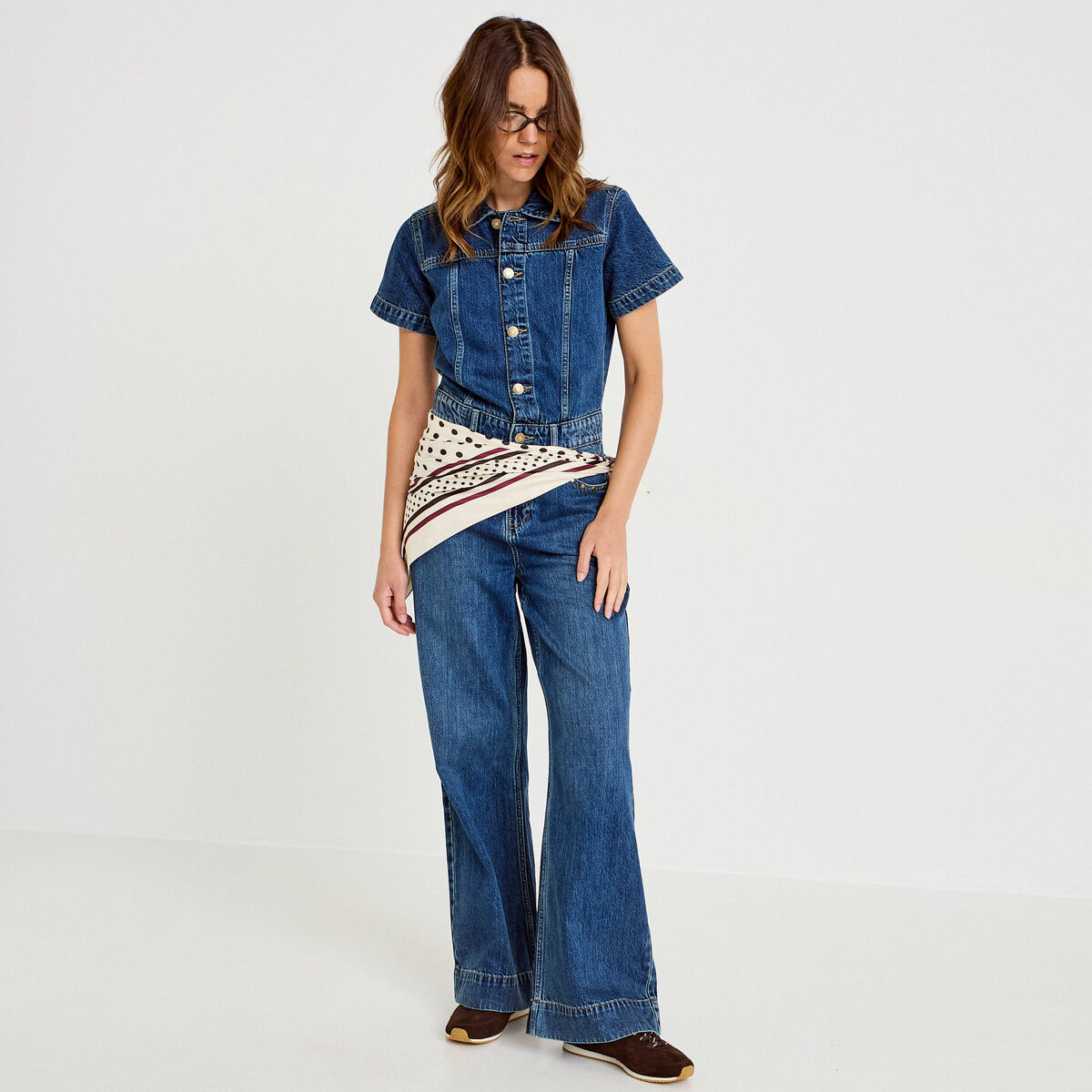 Combinaison jean flare col am&eacute;ricain denim stone femme