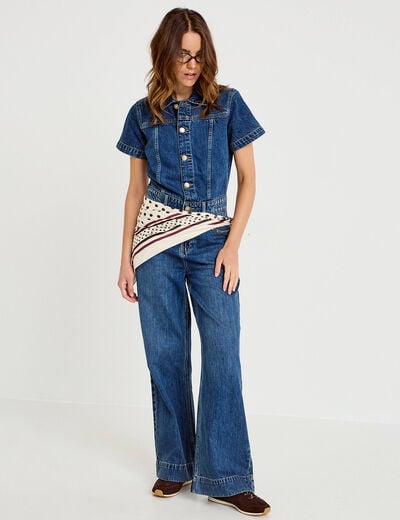 Combinaison jean flare col am&eacute;ricain denim stone femme