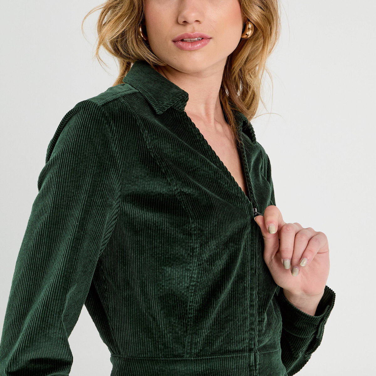 Robe trapèze velours zippée vert foncé femme