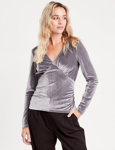 T-shirt velours cintré gris argent femme