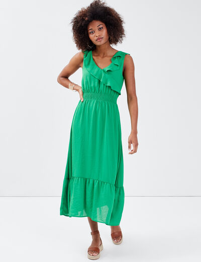 Robe longue évasée volantée vert menthe femme
