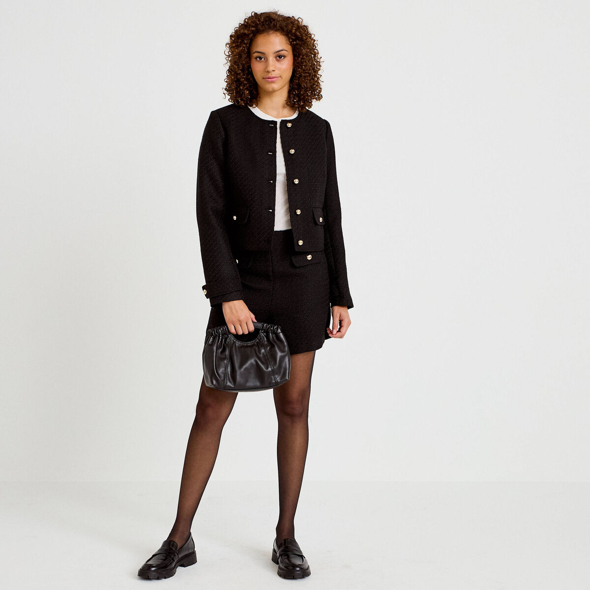 Veste tweed cintr&eacute;e cropped col mao noir femme