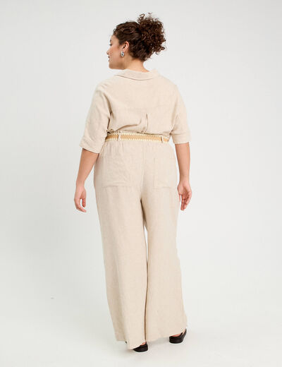 Pantalon large ceinturé contenant du lin beige femme