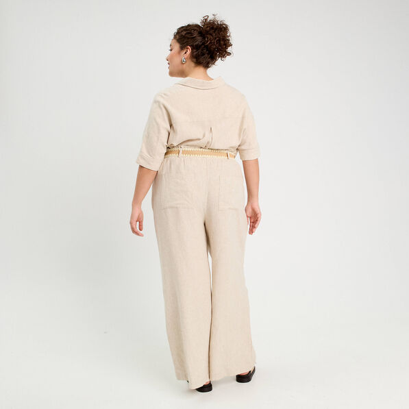 Pantalon large ceinturé contenant du lin beige femme
