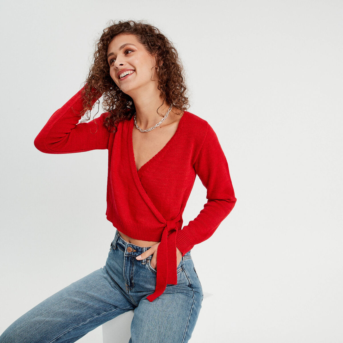 Gilet col cache-coeur nou&eacute; rouge femme
