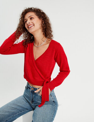 Gilet col cache-coeur noué rouge femme