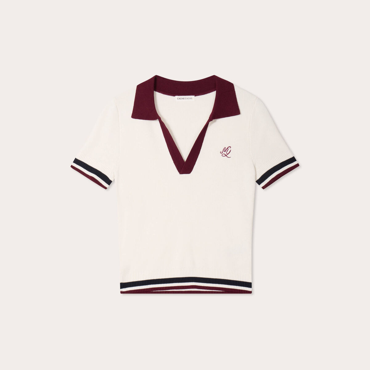 Pull manches courtes col polo ecru femme