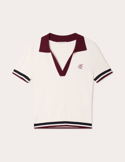 Pull manches courtes col polo ecru femme