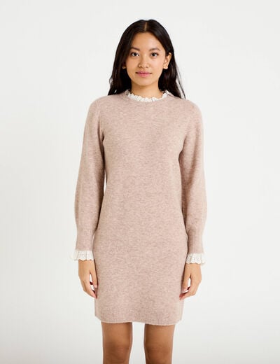 Robe pull ajust&eacute;e col rond dentelle taupe femme