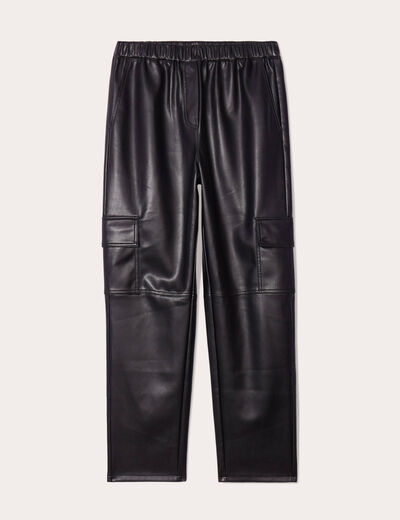 Pantalon cargo simili cuir noir femme