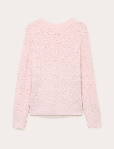 Pull ajour&eacute; col rond manches longues rose pastel femme