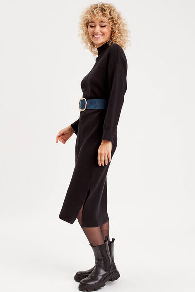 Robe pull longue moulante noir femme