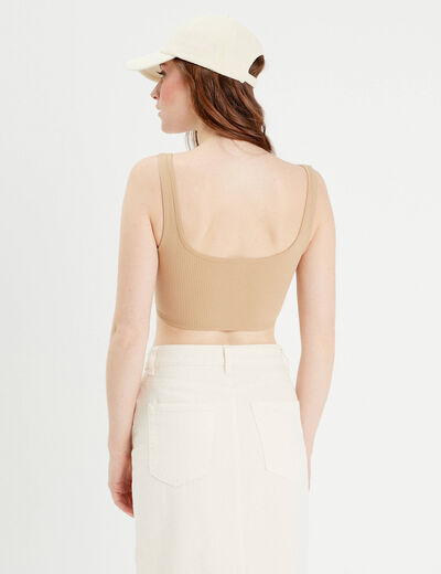 Débardeur cropped côtelé beige femme