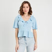 Blouse noeud et volants bleu ciel femme