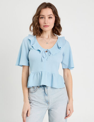 Blouse noeud et volants bleu ciel femme