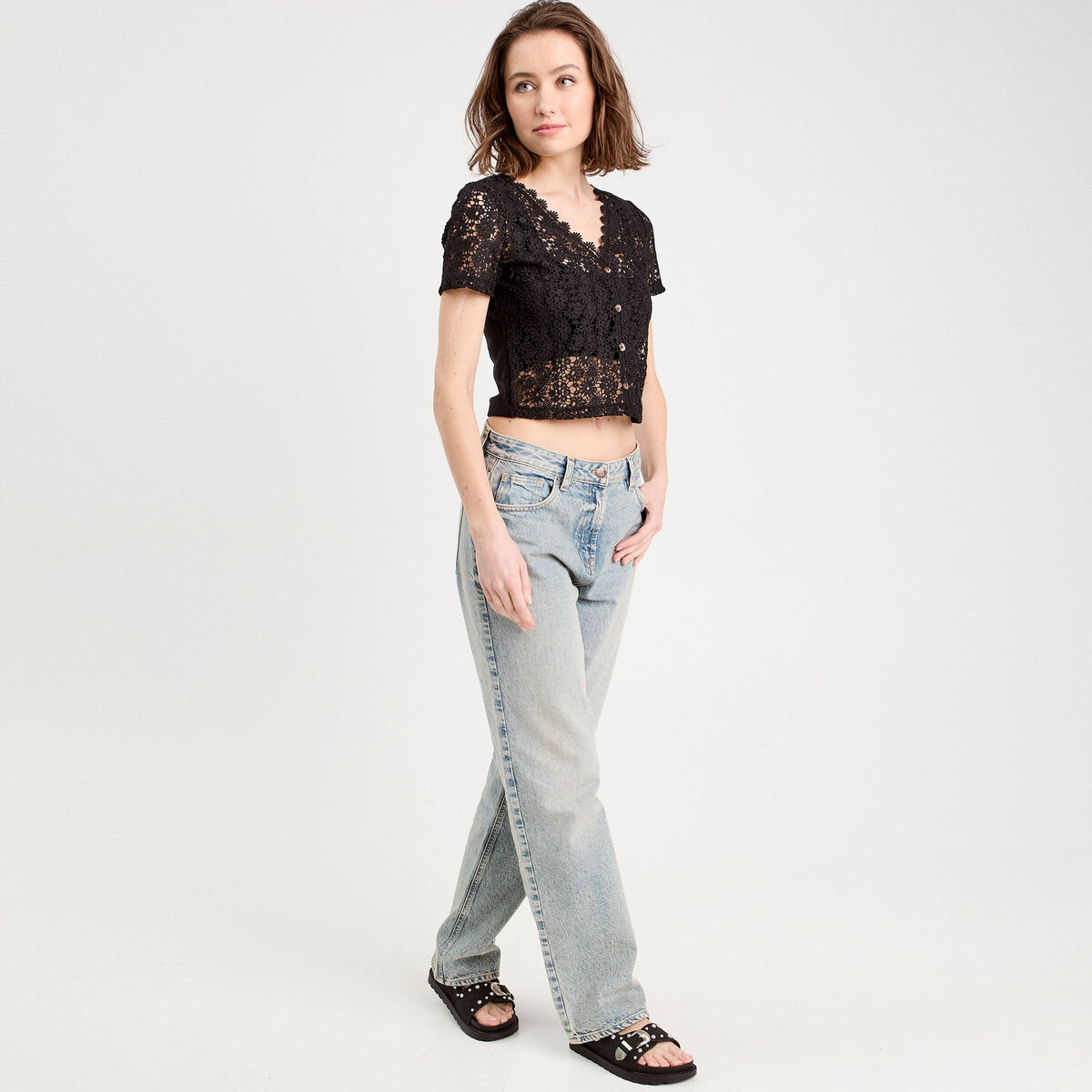 Top macramé boutonné noir femme