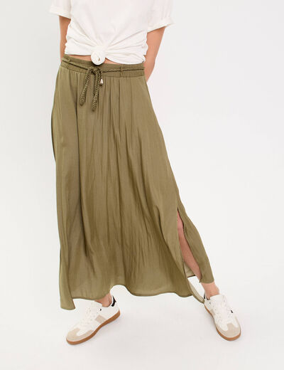Jupe longue évasée satin vert kaki femme