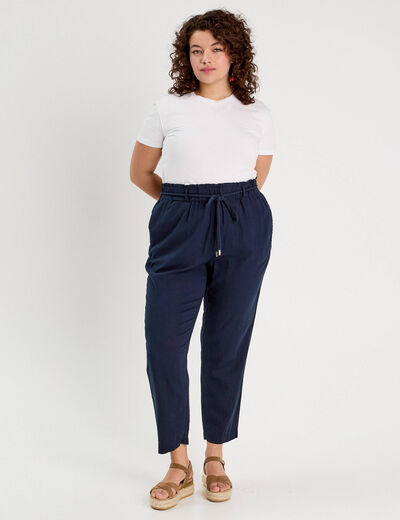 Pantalon droit fluide contenant du lin bleu marine femme